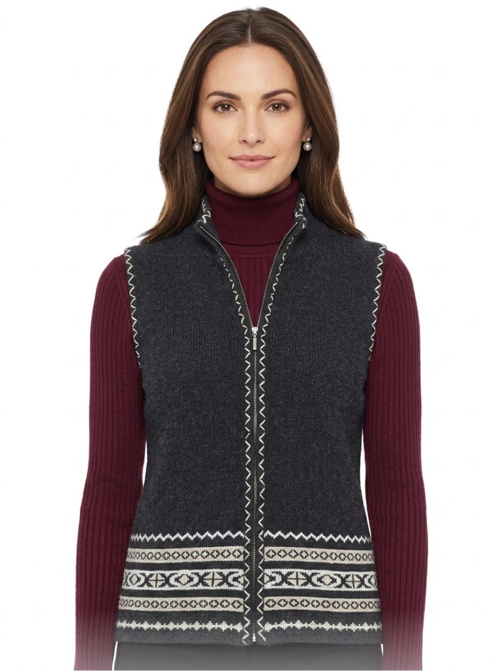 Designers Originals Charcoal Knit Vest with Cream Fair Isle Trim
